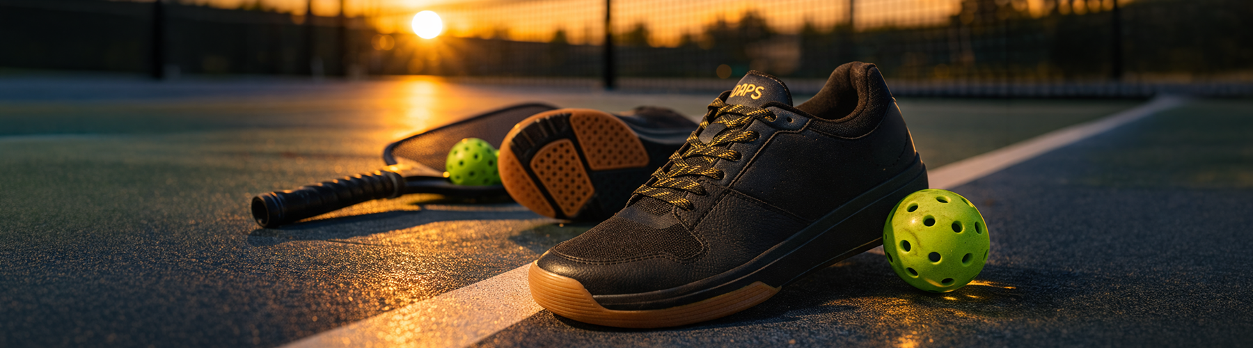 DAPS court shoes on a pickleball court at sunset, placed next to a paddle and two green pickleballs - DAPS.FIT