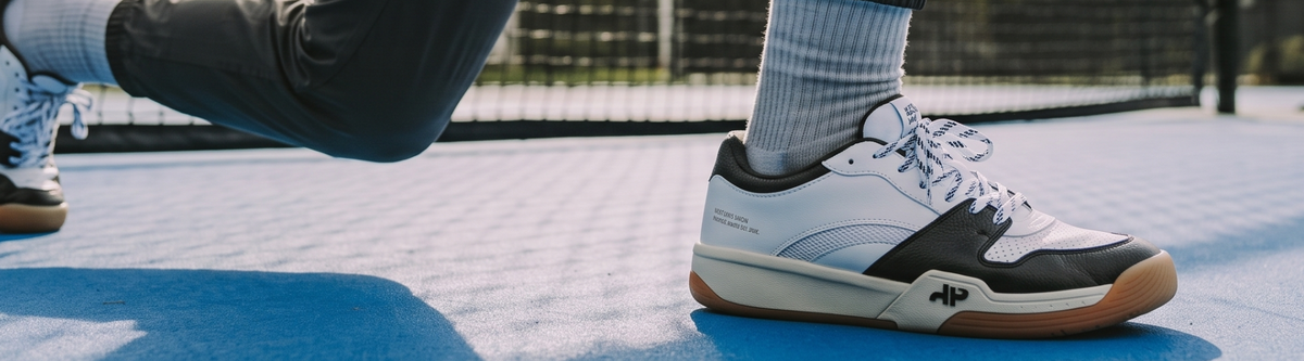 Close-up of pickleball-specific shoe on court