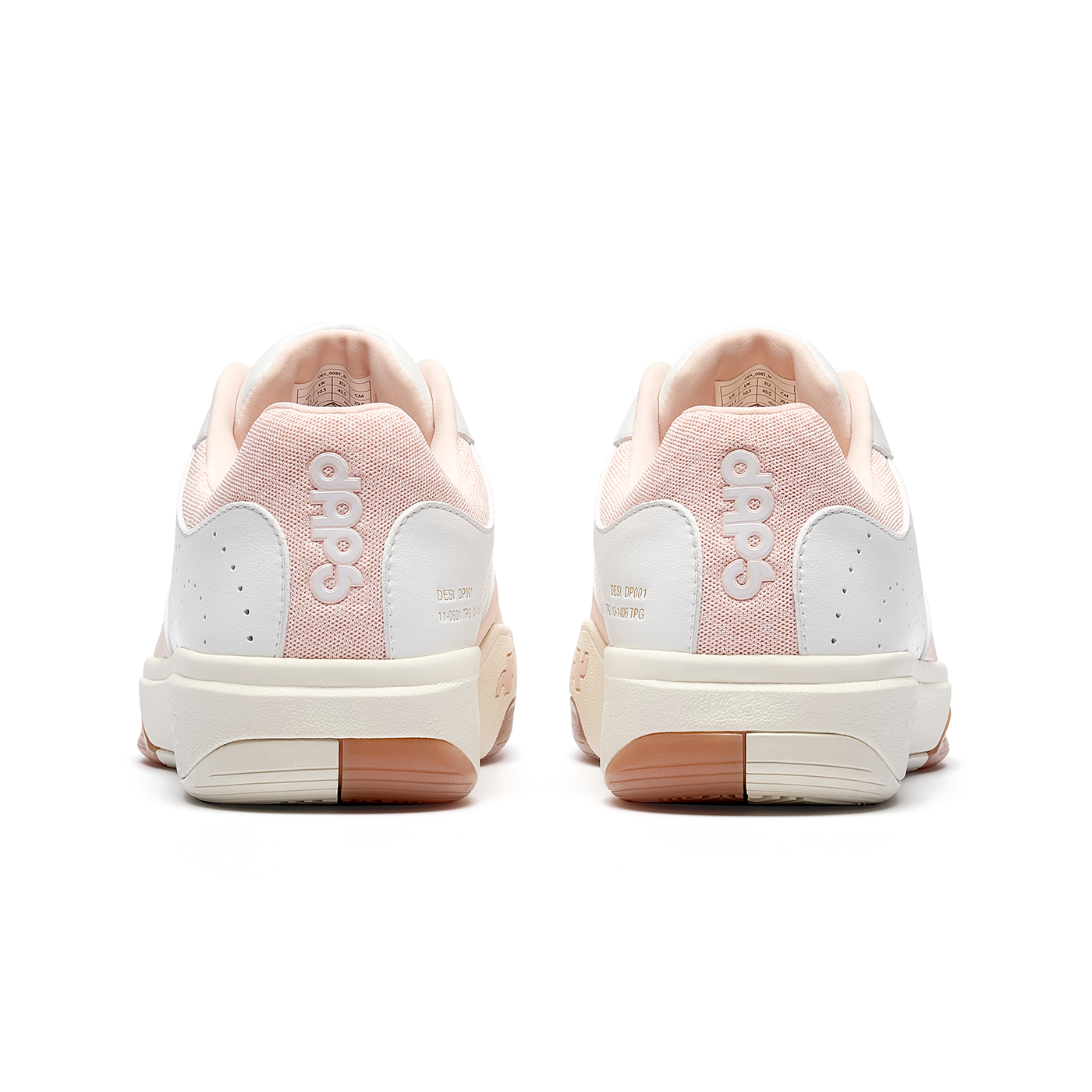 Rear view of Women’s DAPS DESI Low pickleball shoes in Pink and White – structured heel counter for support, alignment, and durability.